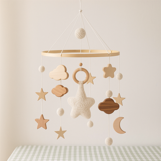 Wooden & Crochet Baby Mobile (Stars, Clouds & Moon)